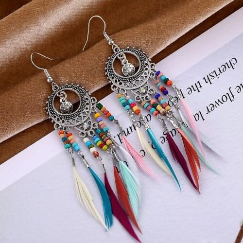 ALIUTOM Vintage Bohemian Colorful Feather Drop Dangle Earrings for Women Exaggerated Long Tassel Hanging Earrings Jewelry Gifts