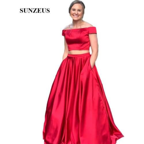 Red Satin Prom Dresses Boat Neck Short Sleeve Two Pieces Long Graduation Dresses for Girls with Pockets vestido longo SP39