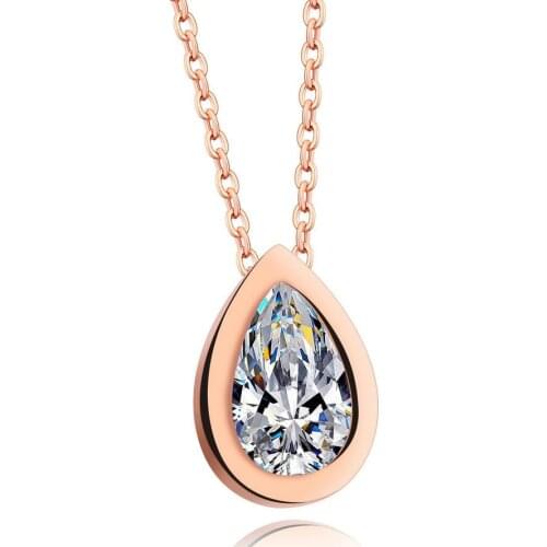 Fashion Rose Gold Color Stainless Steel Clear Crystal Water Drop Pendant Necklace Zircon Necklaces & Pendants For Women