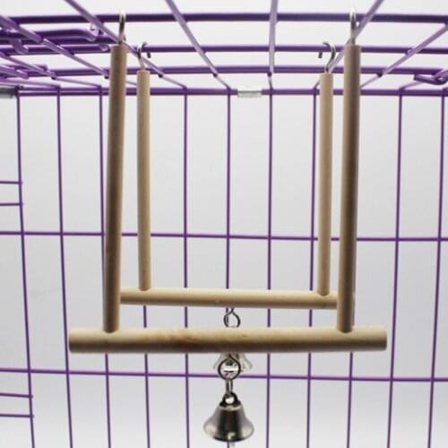 Birds Perch Parrot Play Toys Stand Holder natural Wooden Swing Bell Cage Hanging HX6D