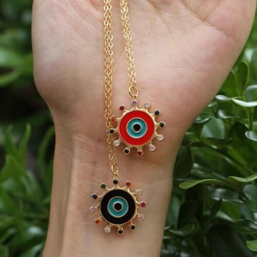 2019 Fashion Colorful CZ Zirconia Enamel Eye Round Pendant Necklace Women Jewelry