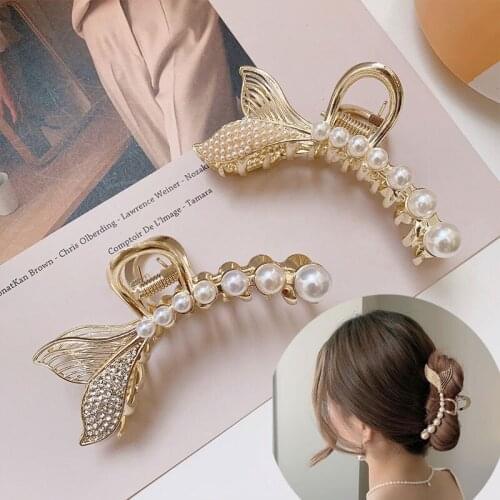 2021 New Women Elegant Gold Imitation Pearl Fish Tail Metal Hair Claws Vintage Hair Clips Headband Hairpin Fashion Accessorie