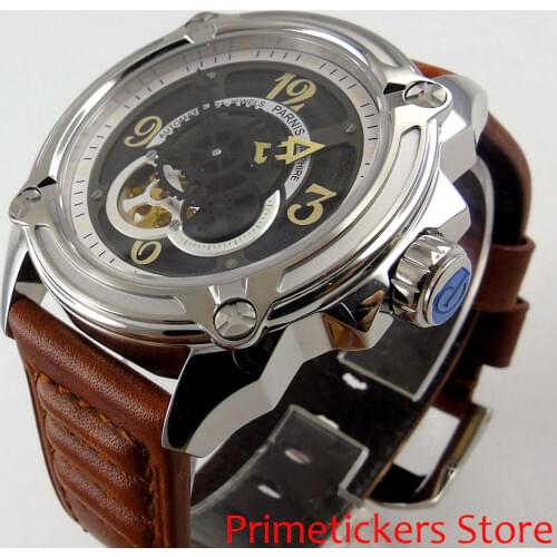 44mm PARNIS black dial silver color case sapphire glass automatic mens watch leather strap
