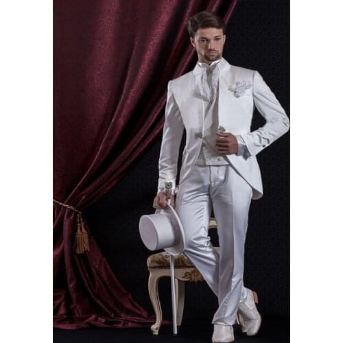 White Satin Groom Suit With Jacquard Vest Custom Made Groom Tuxedos Groomsman Suit wedding suit (Jacket+Pants+Vest)