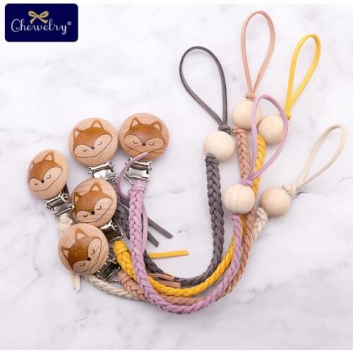 Wooden Teether Weaving Pacifier Clips Chain Braided Thread Leather Engraved Fox Pacifier Clip Dummy For Kid Feeding Products Toy
