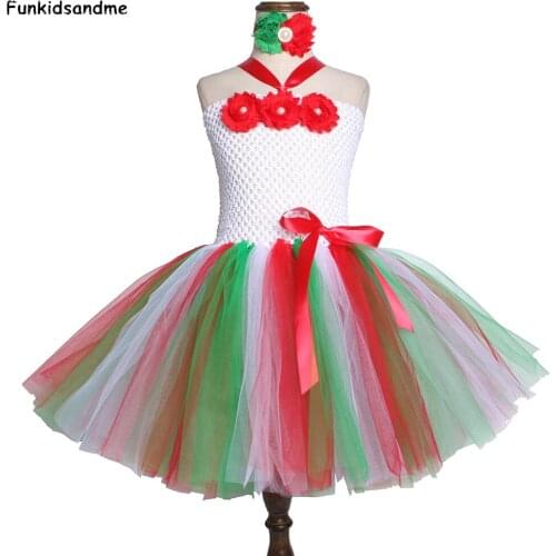 Princess Girls Christmas Tutu Dress Costume with Headband Tulle Flower Kids Tutu Dresses for Girls Xmas Christmas Party Clothes