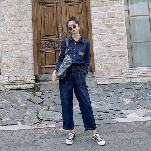 Long Sleeve Denim Jumpsuit Straight Jeans Overalls for Women Streetwear Hip Hop Slim Casual Drawstring One Piece Pants Sets 0096