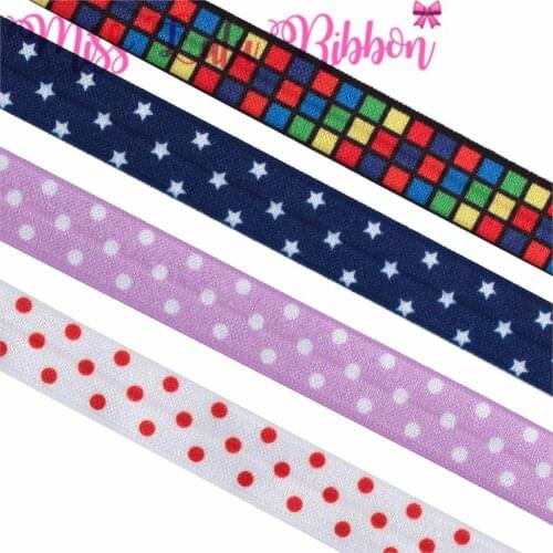 5/8"16mm Colorful Geometric Check Dot Star Printed Fold Over Elastic Ribbon DIY Hair Bowknots Gift Packing 50yards/roll
