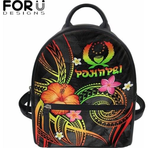 FORUDESIGNS PU Leather Women Shoulder Bag Pohnpei Polynesian Hibiscus Print Fashion Travel Backpack Daily Bag Female Mochila Sac