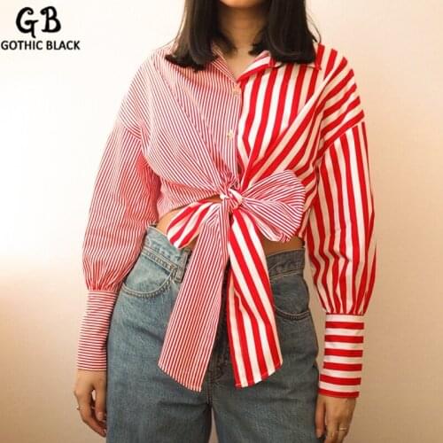 Gothblack Blouses Striped Polka Dot Stand Collar Hit Color Patchwork Long Sleeve Single Breasted Bow Women Shirt Causal Street