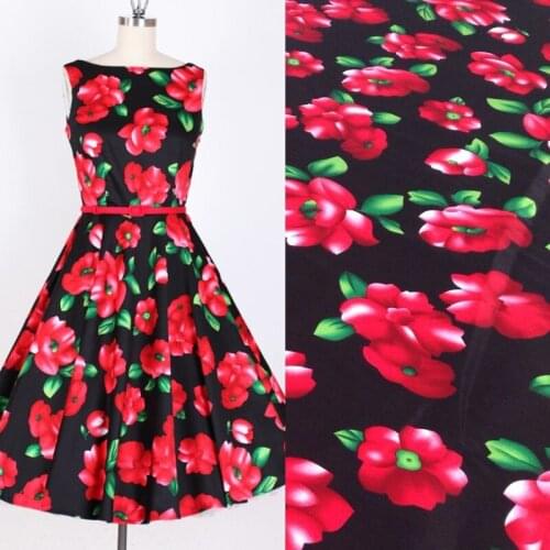 BZ67 100*127cm Black Back Red Flowers Printed Cotton Twill Poplin Fabric Handmade DIY Fabric For Sewing Girls Women Dress Fabric