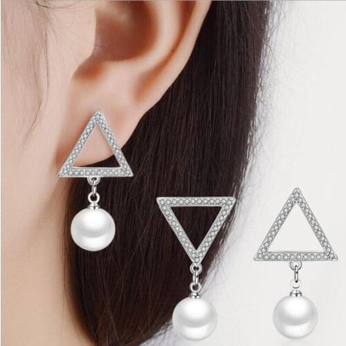 KOFSAC New Charm Pure Silver 925 Earring Exquisite Full Inlay CZ Triangle Pearl Earrings For Women Valentines Day Jewelry Gifts