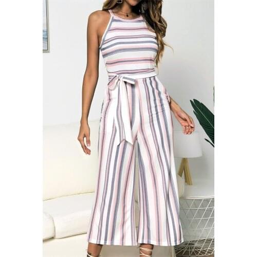 Jumpsuits Strappy Pocket Holiday Stripe Playsuit Bandage Belt Wide Leg Trousers Summer Beach Jumpsuit For Women