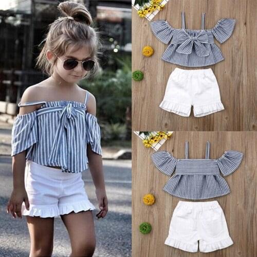 Fashion Toddler Baby Girls Summer Outfits Clothes Striped Shirt Tops Shorts Set Age 2-7Y