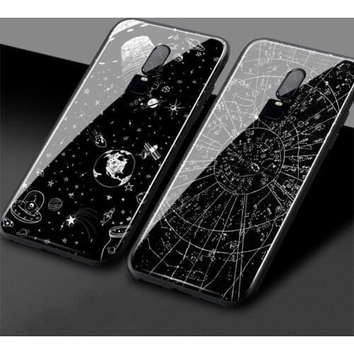 Black and white Starry sky Planet TPU soft silicone tempered glass phone case cover shell smooth For OnePlus 6 6T 7 7T Pro