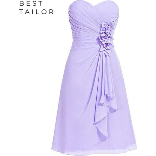 Bridesmaid Dresses Short Maid of Honor Gowns Sweetheart 3D Flowers Lilac Chiffon 2021 Drape Above Knee Length Wedding Party Wear