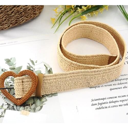 Women Fake Straw Belt Casual Wide Belts Female Vintage Braided Waist Seal Heart Pin Buckle Waist Belts Ethnic Elastic Waistband