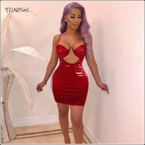 Sexy PU Leather Sheath Spaghetti Strap Dress Women Backless Low Cut Bodycon Short Mini Dress Package Hip Slim Nightclub Wear New