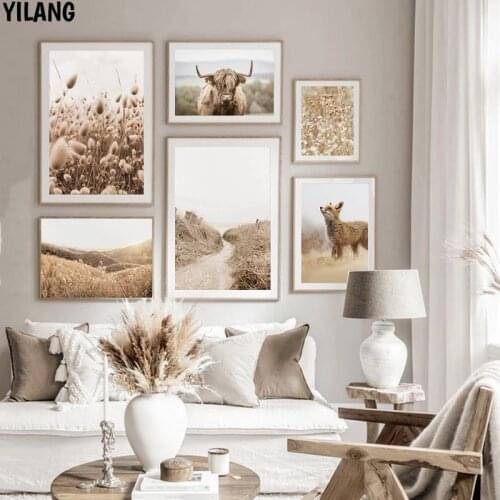 Scandinavian Nature Sunset Landscape Poster Nordic Cow Print Wall Art Canvas Printing Botanical Decorative Picture Home Decor