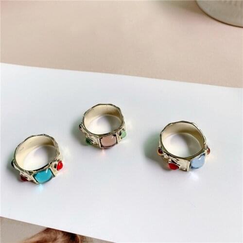SRCOI Trendy Elegant Multicolor Stone Ring Temperament Rhinestone Metal Textured Ring Women Party Jewelry Accessories 202104