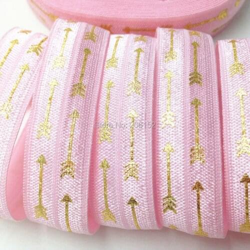 10Y/lot High Quality Gold Foil Arrow Print FOE 5/8" Arrows Pink Fold Over Elastic Ribbon for DIY Headwear Hair Tie Accessories