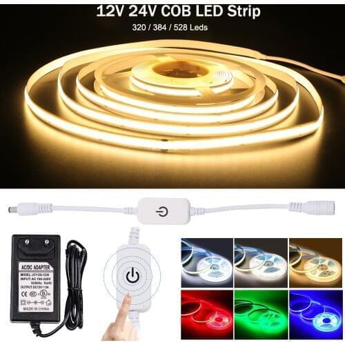 Dimmable COB LED Strip Light 12V 24V Flexible FOB LED Ribbon Tape 320 384 528 LEDs Rope High Density Linear Light Bar EU Plug
