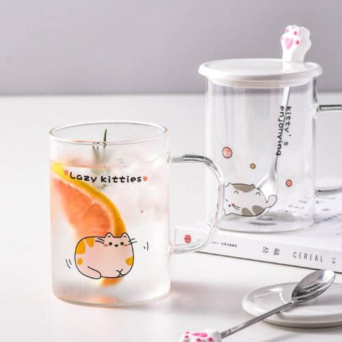 Ins Style450ml Cute Cat Heat Resistant Glass Mugs Handle Drinkware With Spoon and Lid Coffee Tea Milk Breakfast Cups Nice Gifts
