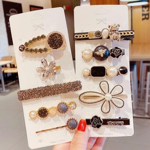 5PCS/Set Women Luxury Elegant Crystals Pearls Geometric Hairpins Lady Sweet Hair Clip Barrette Headband Fashion Hair Accessories