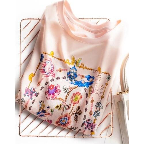 2021 New Half Sleeve Top Front Piece Artificial Silk European and American Style Printed Short Sleeve T-shirt for Women