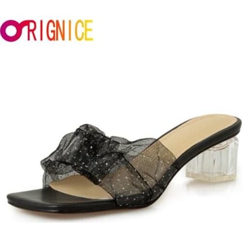 Orignice 2021 New Summer Women Mid heel Slide Sandals Black Bling Polka Dot Air mesh Outside Slippers Fashion Square Toe Shoes