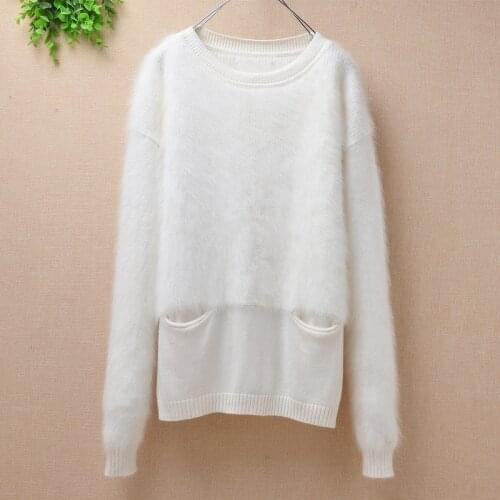 Double 11 hot sale women sweater sexy white basic pullover rabbit hair o-neck long sleeves mink cashmere slim ladies clothing