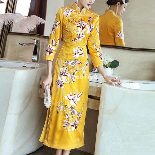 2021 chinese traditional cheongsam women qipao flower embroidery dress satin female party elegant ladies vintage wedding qipao