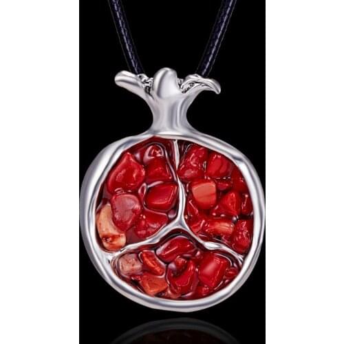 Vintage Fruit Red Pomegranate Stone Pendant Necklace For Women Jewelry Accessories Pendant Long Sweater Chain Leather Rope