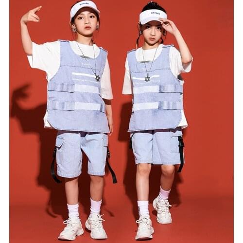 2021 Street Dance Clothing Hip Hop Costumes Denim Vest Shorts Kids Catwalk Jazz Performance Outfit Girls Summer Clothes BL6359