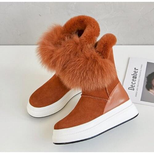 Winter Ankle Boots Cow-Suede-Leather Boots Fashion Natural-Fur Warm Boots Comfortable Snow Boots Women