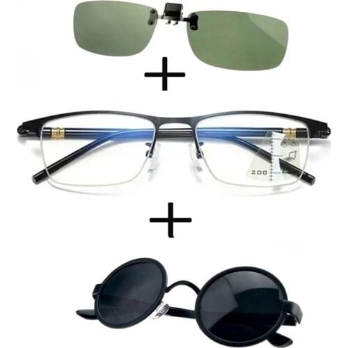 3Pcs!!! Progressive Multifocal Far and Near Reading Glasses for Men Women + Polarized Sunglasses Round Metal + Sunglasses Clip