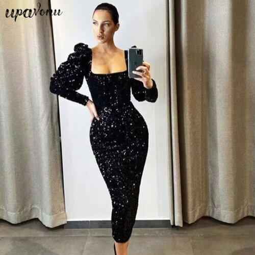 Free Shipping Elegant Black Midi Sequin Dress 2020 New Runway Womens Square Neck Puff Sleeve Bodycon Dress Club Party Vestidos