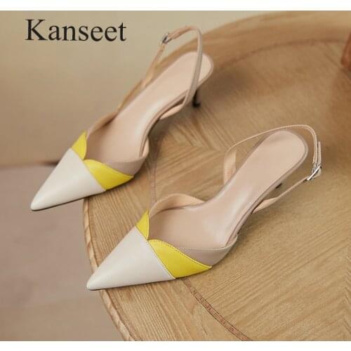 Kanseet Patchwork Genuine Leather Womens Shoes 6.5cm High Heels Elegant Pointed Toe Sandals Party Dress Thin Heels Footwear