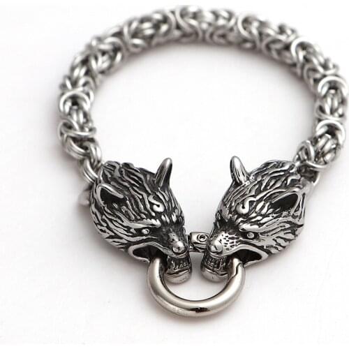 Stainless Steel Bracelet for Mens Nordic Mythology Viking Wolf Head Bracelet Twist Chain Bangle Retro Punk Style Jewelry Gift