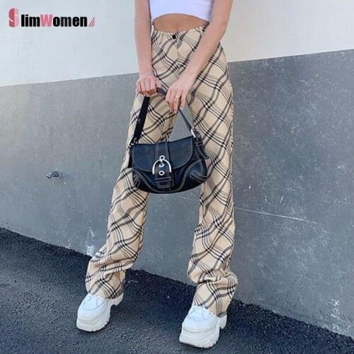 Vintage Checkered Print Straight Long Chic Trousers Ladies High Waisted Pants Y2k Capris Casual Skinny Jogger Streetwear Pants