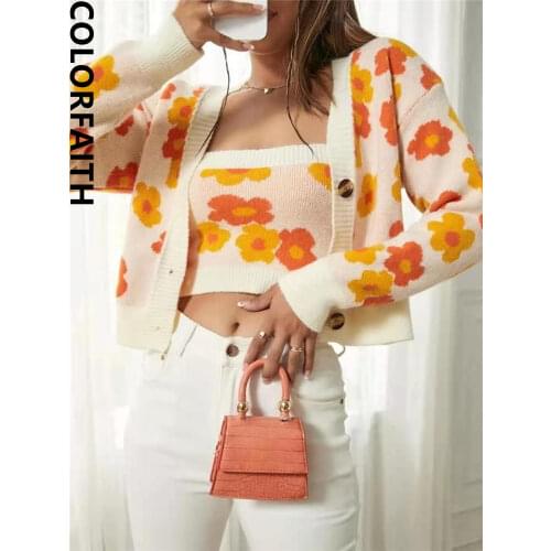 Colorfaith New 2021 Autumn Winter Womens Sweaters Two Pieces Vintage Cardigans Floral Fashionable Lady Short Tops SWC1526JX