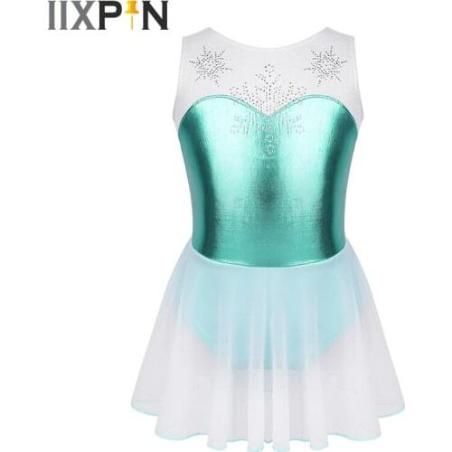 Kids Girls Leotard Ballet Gymnastics Dress Dance ballet Sleeveless Shiny Rhinestone Snowflake Metallic Bodice Dancewear Costume