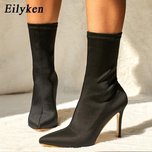 Eilyken 2021 New Autumn Fashion Women Winter Stretch Fabric Ankle Boots Pointed Toe High Heels Ladies Socks Bootie Shoes