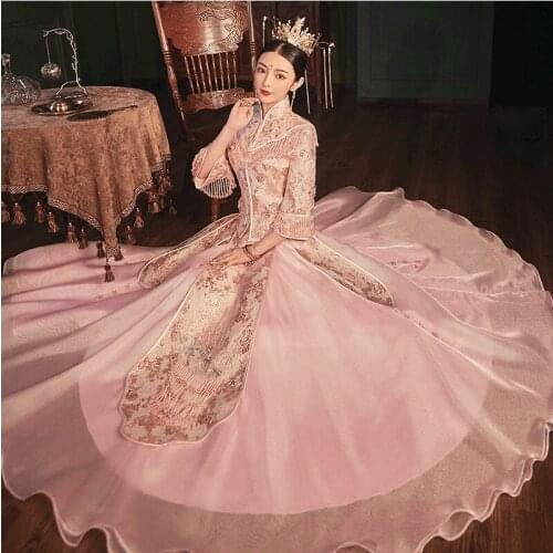 FZSLCYIYI Classic Pink Chiffon Skirt Cheongsam Marriage Suit Beaded tassel Chinese Wedding Dress Traditional Qipao Vestidos