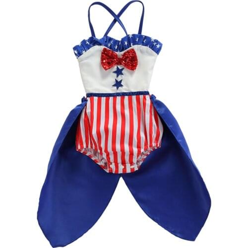 0-24 M Baby Summer Clothing Independence Day Camisole Romper with Bow Decoration Vertical Stripes Printing Jumpsuit
