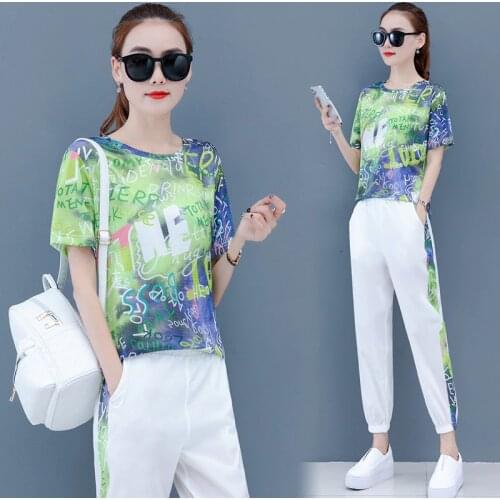 Summer New Loose Printed 2 Piece Set Short-sleeved Round Neck Top Trousers Casual Two Piece Set Women Clothes Green Blue Pink