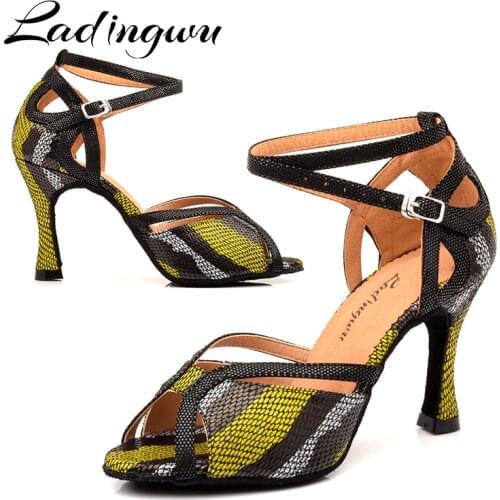 Ladingwu Woman Latin Dance Shoes Purple Gold Black Glitter and Satin Platform Sandals Dance Shoes Ballroom Dancing Heel 10cm