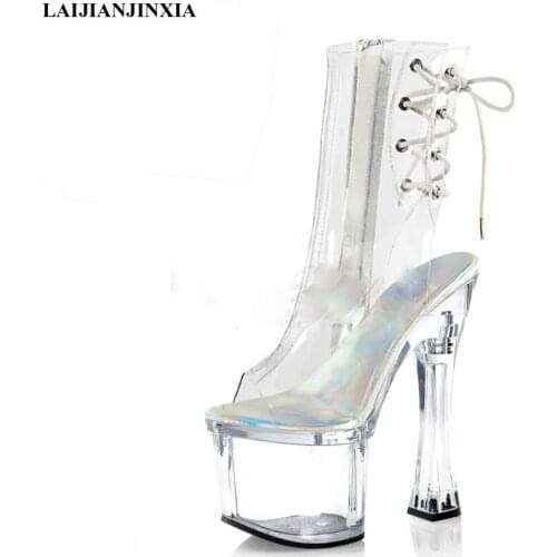 LAIJIANJINXIA New 18cm Transparent Dance Shoes Women Boots Sexy Ankle Boots Black Fish Mouth Party Club Model Pole Dancing Shoes