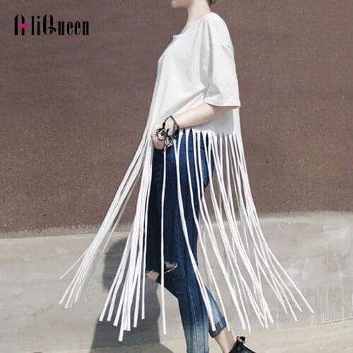 Summer Women Chic Long Cotton Black Tassel T-Shirt Harajuku Female O Neck Casual White Sexy Loose Tees Tops Korean Streetwear