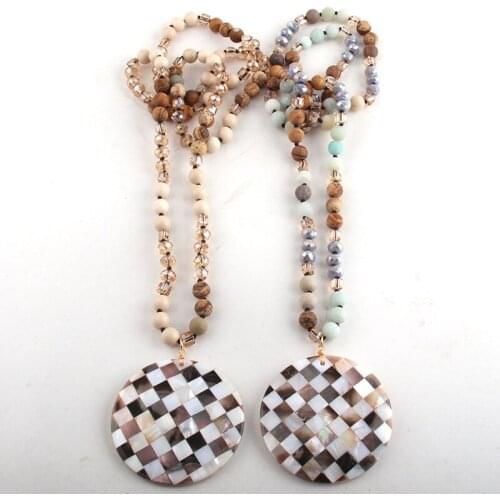 RH Fashion Bohemian Tribal Jewelry Crystal / Stone Long Knotted Shell Masek Pendant Necklaces For Women Jewelry